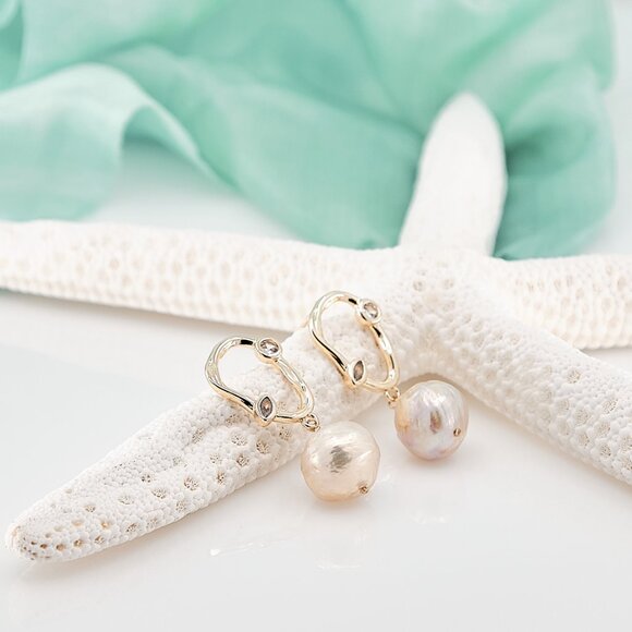 Baroque Ripple Pearl Earrings, 14K Gold Filled Abstract CZ Ear Wires - Picture 4 of 9